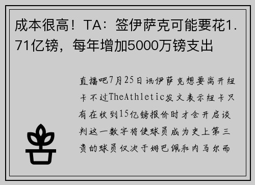 成本很高！TA：签伊萨克可能要花1.71亿镑，每年增加5000万镑支出