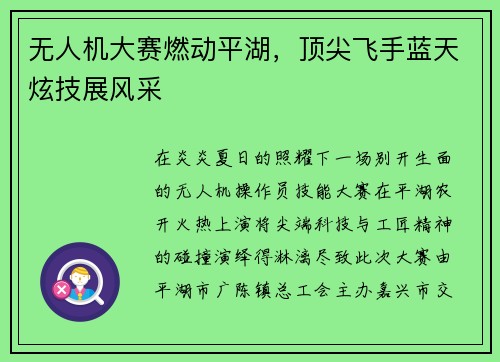 无人机大赛燃动平湖，顶尖飞手蓝天炫技展风采